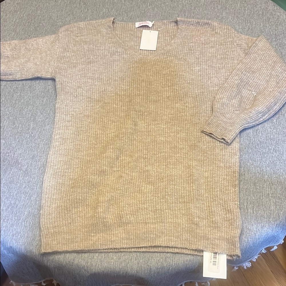 Tan V-Neck Sweater with Ribbed Cuffs